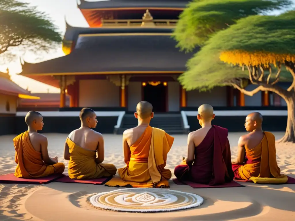 Un grupo de monjes budistas medita bajo un árbol Bodhi, rodeados de mandalas de arena, en un atardecer dorado