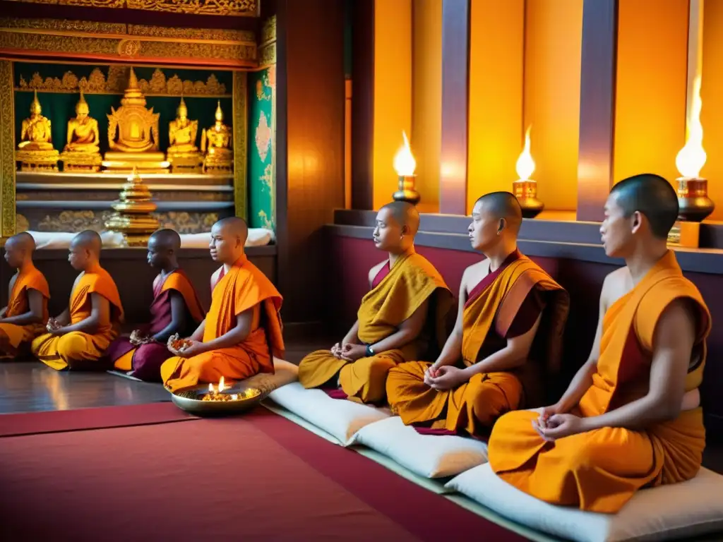 Grupo de monjes budistas en ceremonia de meditación, iluminados por velas en un templo decorado