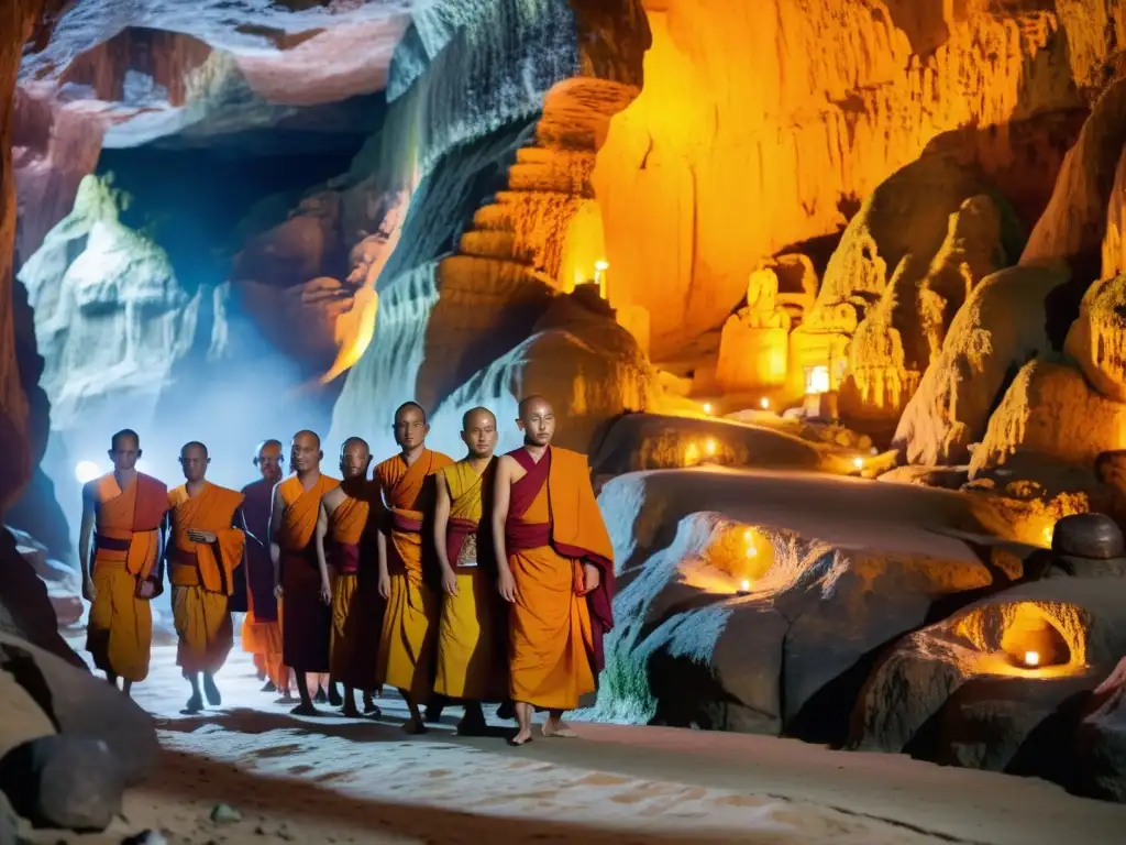 Un grupo de monjes budistas camina en procesión por una cueva sagrada en Asia, iluminando las antiguas paredes con linternas