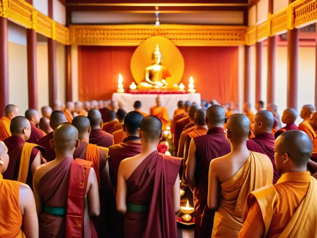 Grupo de monjes budistas y fieles en templo adornado durante el Día de Asalha Puja budista, iluminado por velas