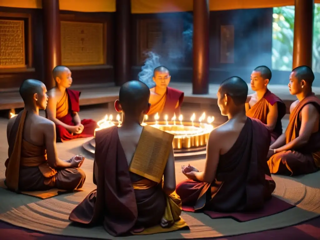 Grupo de monjes budistas entonando mantras en un templo iluminado por velas, en un ritual de profunda devoción