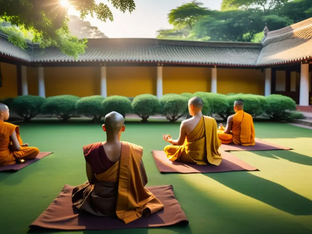 Un grupo de monjes budistas en meditación profunda en un hermoso templo, bañados por la cálida luz dorada de la tarde