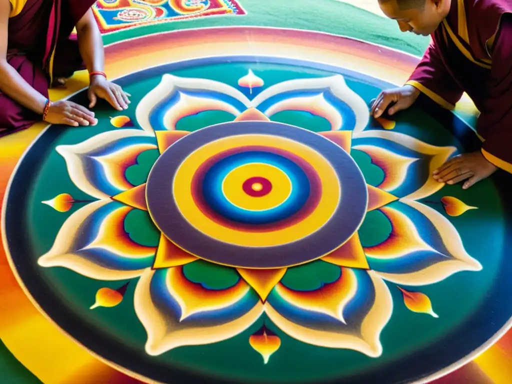 Un grupo de monjes budistas crea con meticulosidad y armonía un detallado mandala de arena tibetano