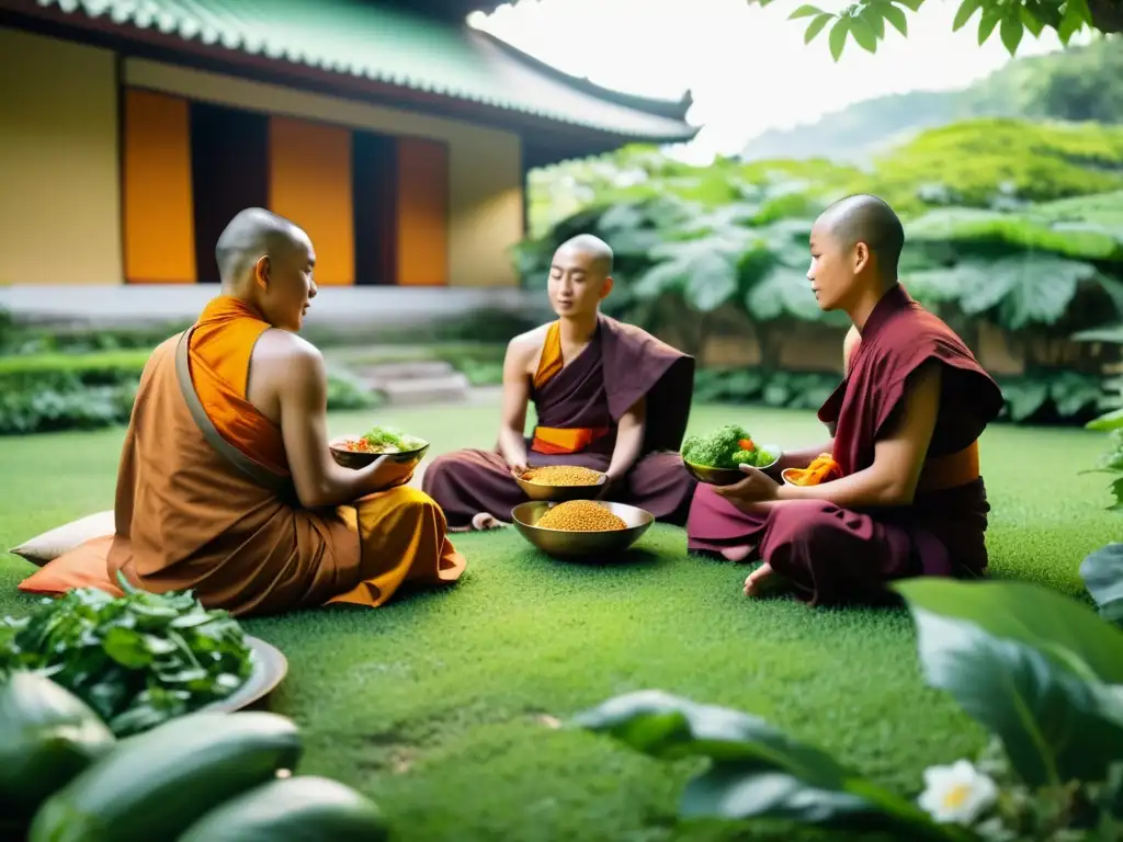 Un grupo de monjes budistas disfruta en paz de una comida vegetariana en un jardín sereno, rodeados de exuberante vegetación y flores coloridas