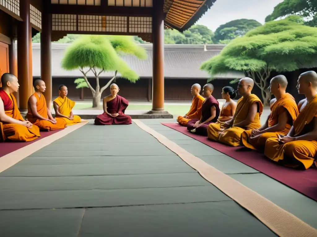 Un grupo de monjes budistas y practicantes debaten respetuosamente sobre el vegetarianismo en un tranquilo patio de templo