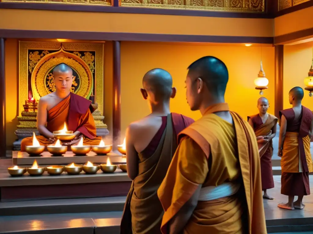 Grupo de monjes budistas realizando un ritual tradicional en un templo sereno, con vibrantes túnicas azafrán