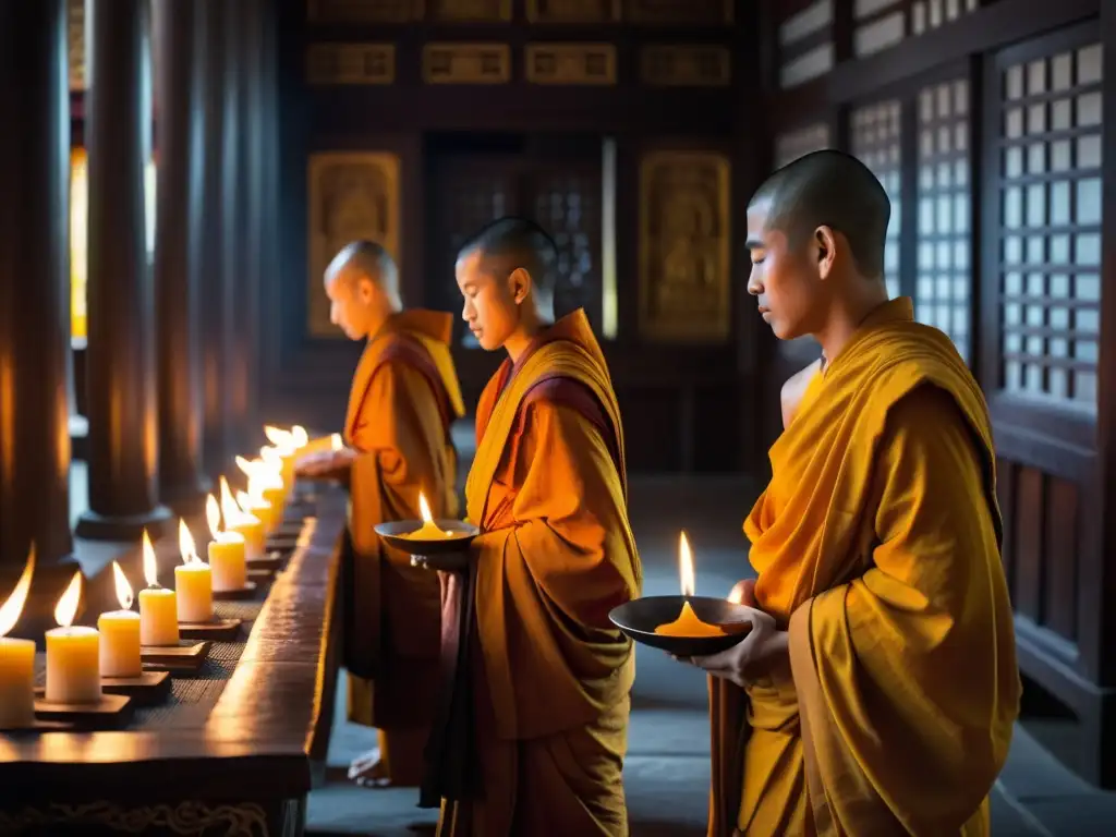 Un grupo de monjes budistas realiza un ritual en un antiguo templo