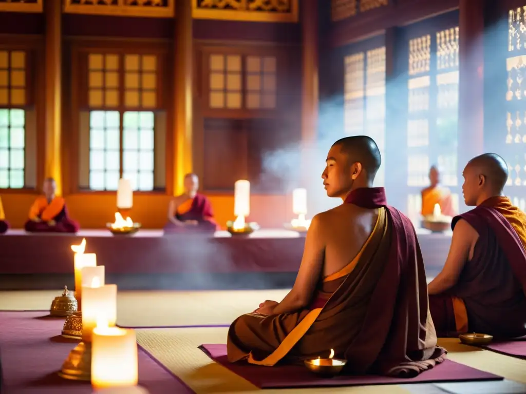 Grupo de monjes budistas meditando en un salón tradicional, iluminado por velas y la luz dorada