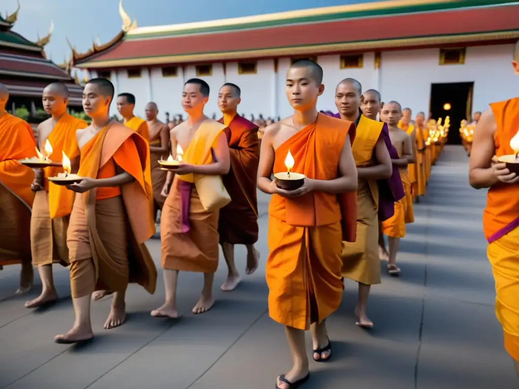 Un grupo de monjes budistas tailandeses en el Festival budista Makha Bucha Tailandia, caminan alrededor de un templo con velas, creando una atmósfera espiritual y serena