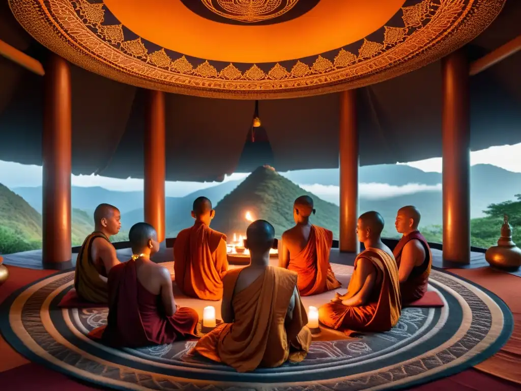 Un grupo de monjes budistas medita en un templo iluminado por velas, con un paisaje holográfico sobre ellos