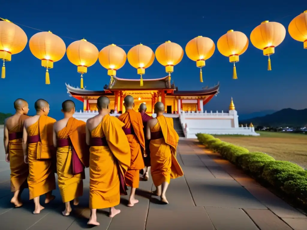 Un grupo de monjes budistas desfila alrededor de un templo iluminado con faroles vibrantes durante el Festival budista Makha Bucha en Tailandia