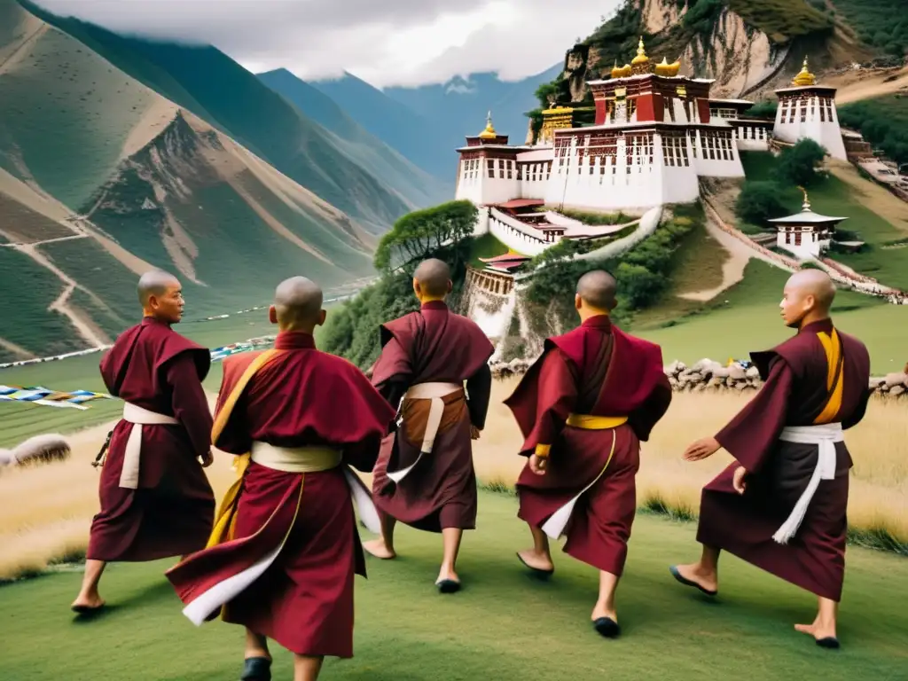 Monjes budistas tibetanos practicando artes marciales en montañas sagradas Un grupo de monjes budistas tibetanos practican artes marciales en paisaje montañoso