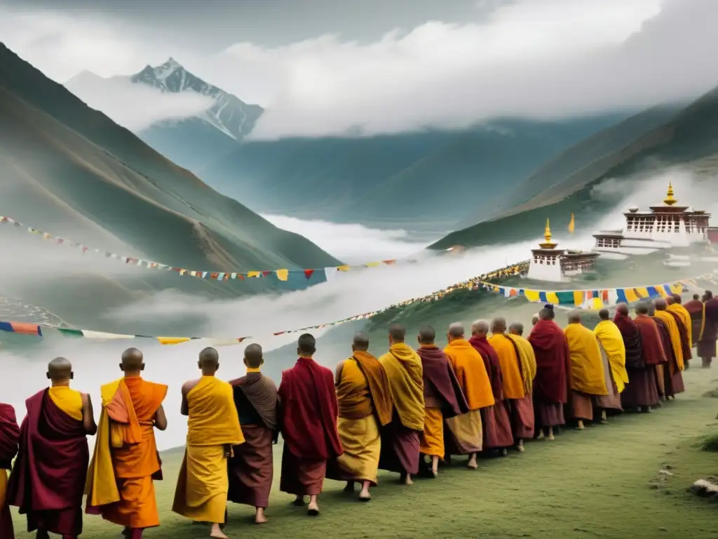 Un grupo de monjes budistas tibetanos realizando prácticas budistas en el Tíbet, rodeados de paisajes neblinosos y místicos