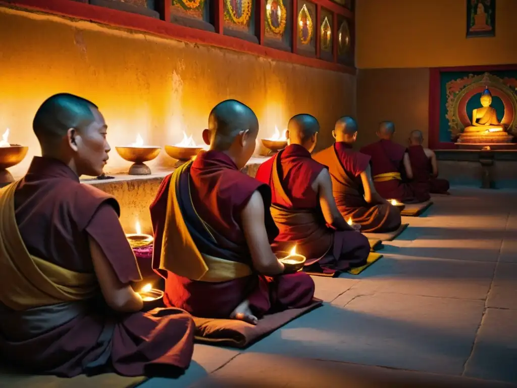 Un grupo de monjes budistas tibetanos medita en un monasterio iluminado por lámparas de mantequilla, creando una atmósfera de paz y reverencia