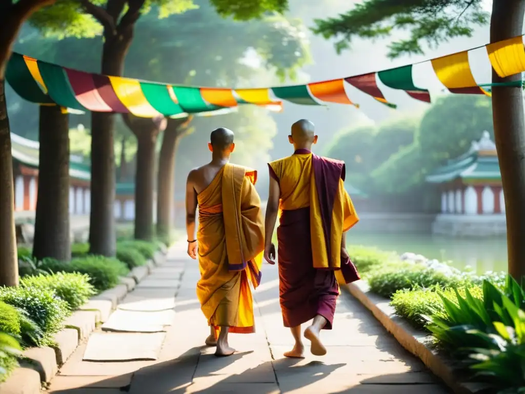 Un grupo de monjes budistas pasea por un jardín tranquilo, entre banderas de oración coloridas, evocando la conexión espiritual del budismo