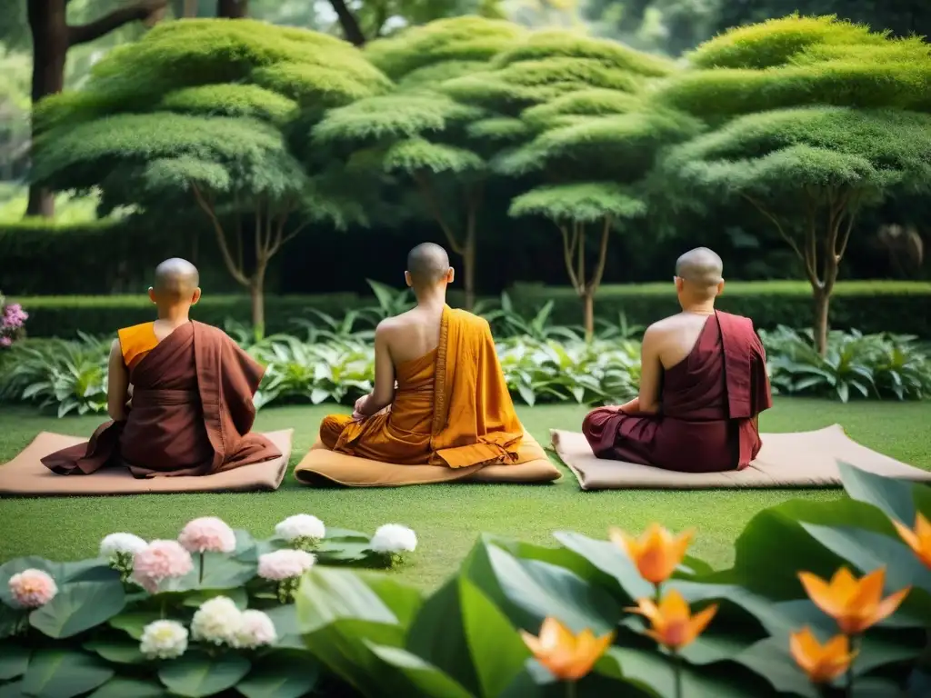 Grupo de monjes budistas meditando en un jardín tranquilo, rodeados de exuberante vegetación y flores