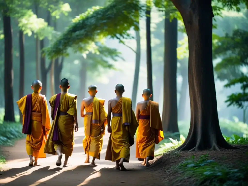 Un grupo de monjes budistas en túnicas azafrán caminando en un bosque sereno, encarnando la aplicación de los preceptos budistas en la vida cotidiana