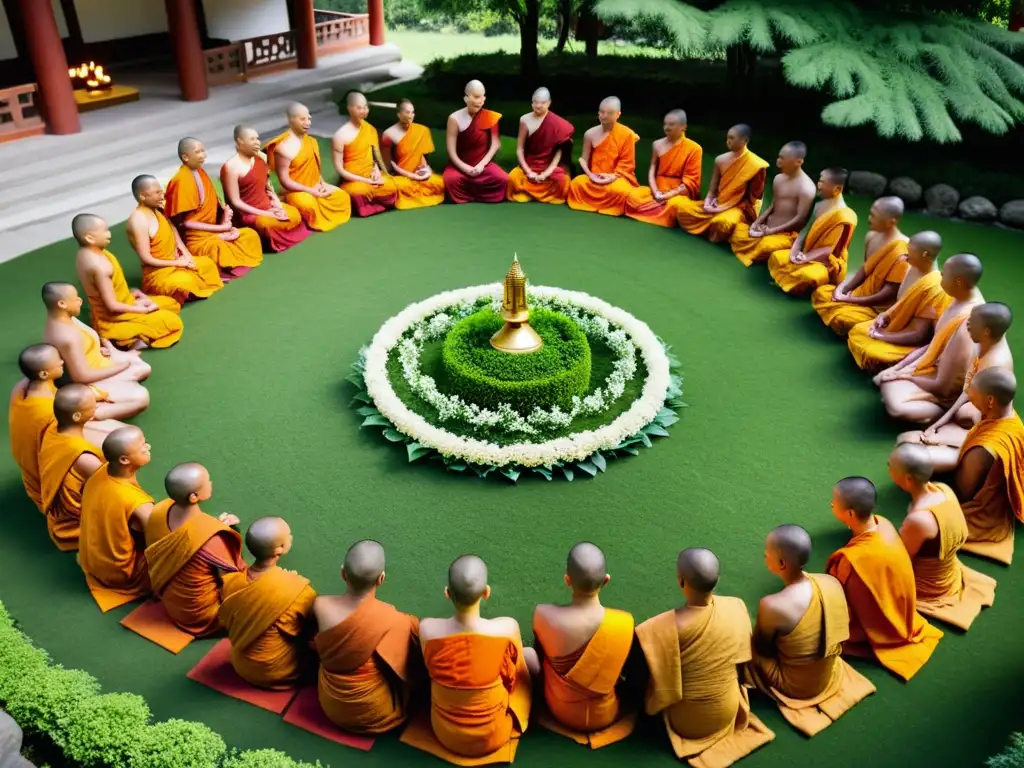 Un grupo de monjes budistas viste túnicas de color azafrán y entona música budista para elevar espíritu en un tranquilo patio de templo