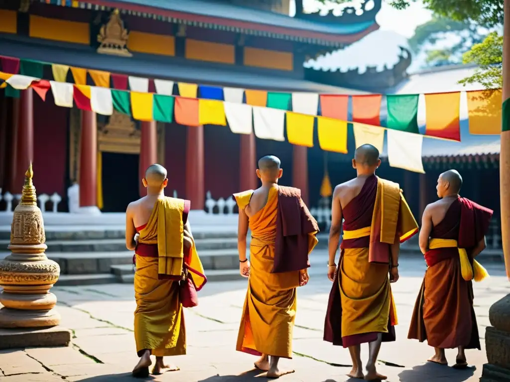 Un grupo de monjes budistas en túnicas azafrán en un tranquilo templo rodeado de coloridas banderas de oración