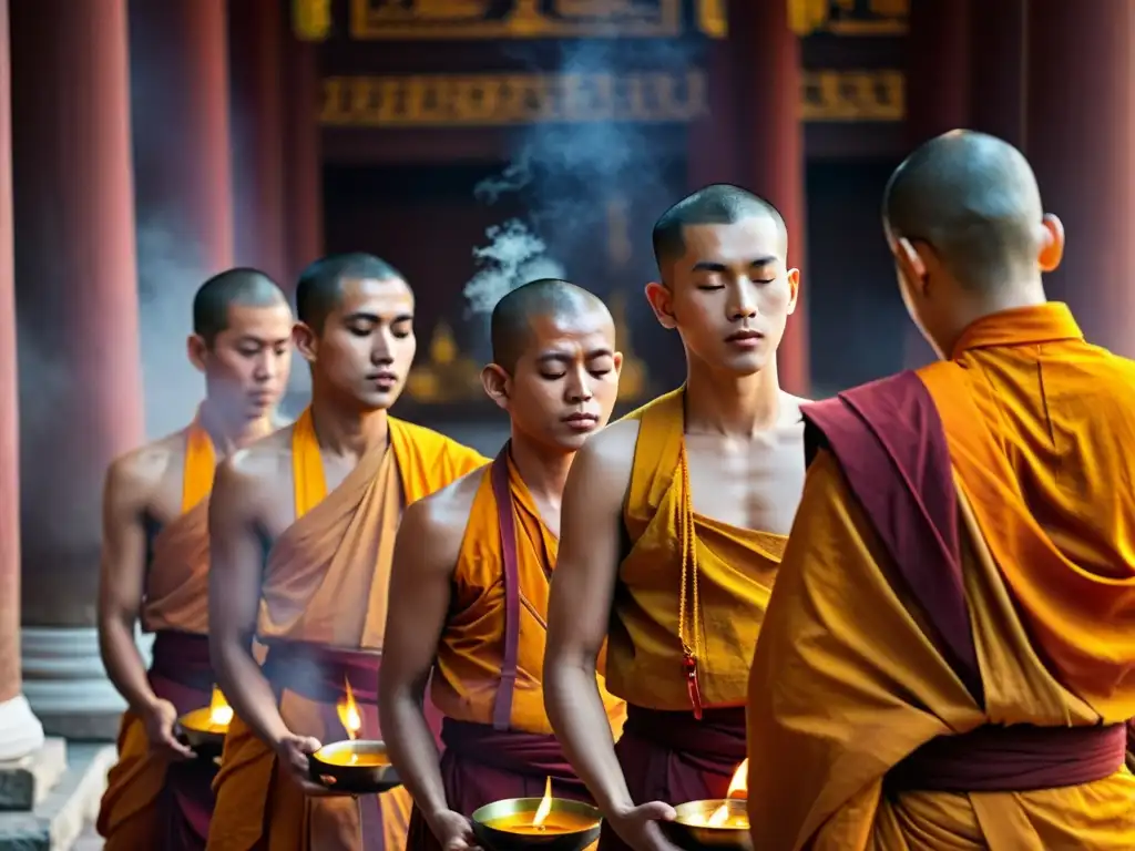 Un grupo de monjes budistas en túnicas azafrán realizando un ritual sereno en un templo iluminado