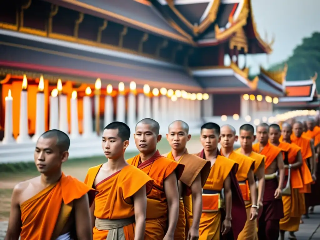 Grupo de monjes budistas con túnicas naranjas en procesión durante el Festival budista Makha Bucha en Tailandia, con velas y templo adornado