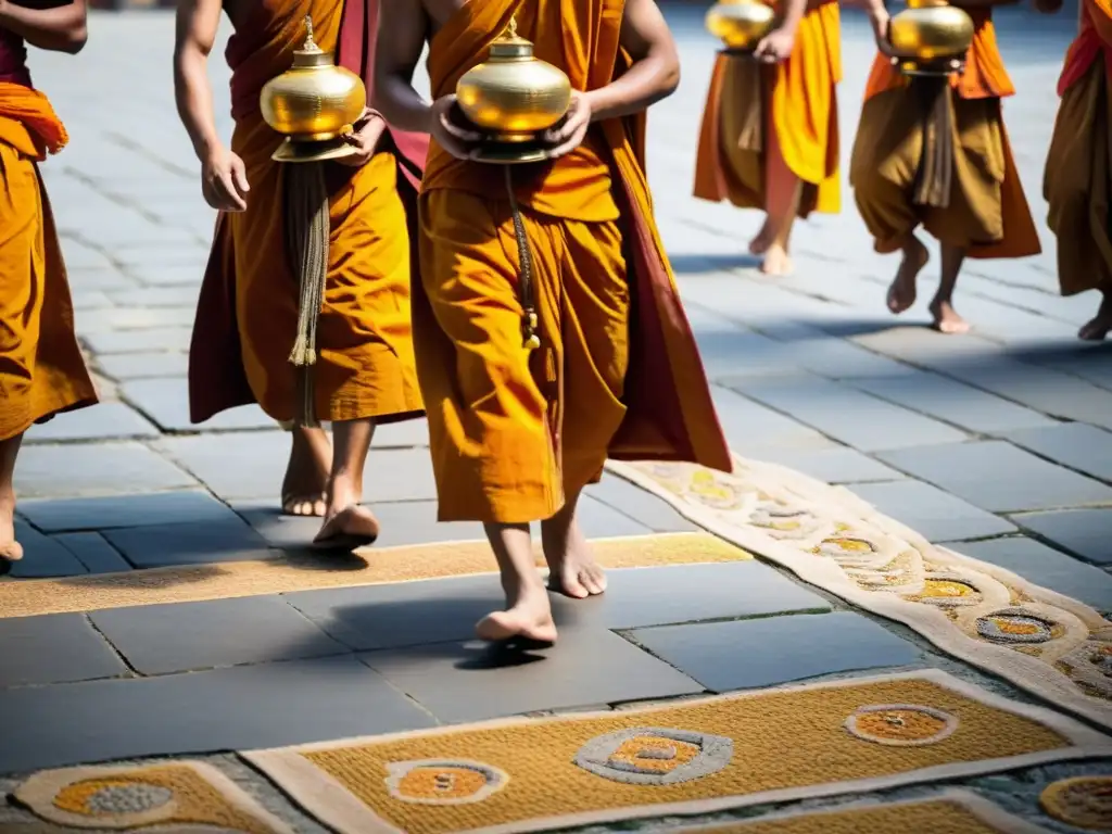 Un grupo de monjes budistas vestidos con túnicas de azafrán caminan en procesión alrededor de un templo centenario llevando linternas doradas