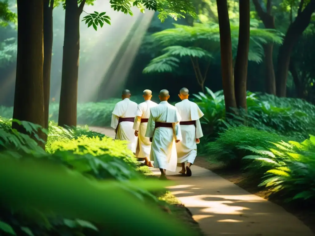 Un grupo de monjes Jaina en túnicas blancas camina en silencio por un exuberante bosque, transmitiendo armonía y tranquilidad, reflejando los Principios de NoViolencia en la Filosofía Jaina