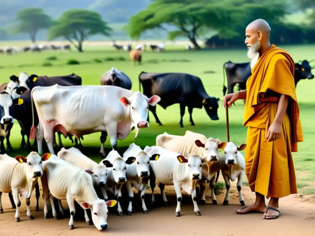 Un grupo de monjes jainistas cuidando de animales en armonía con la naturaleza, ejemplificando la ética animal en el jainismo