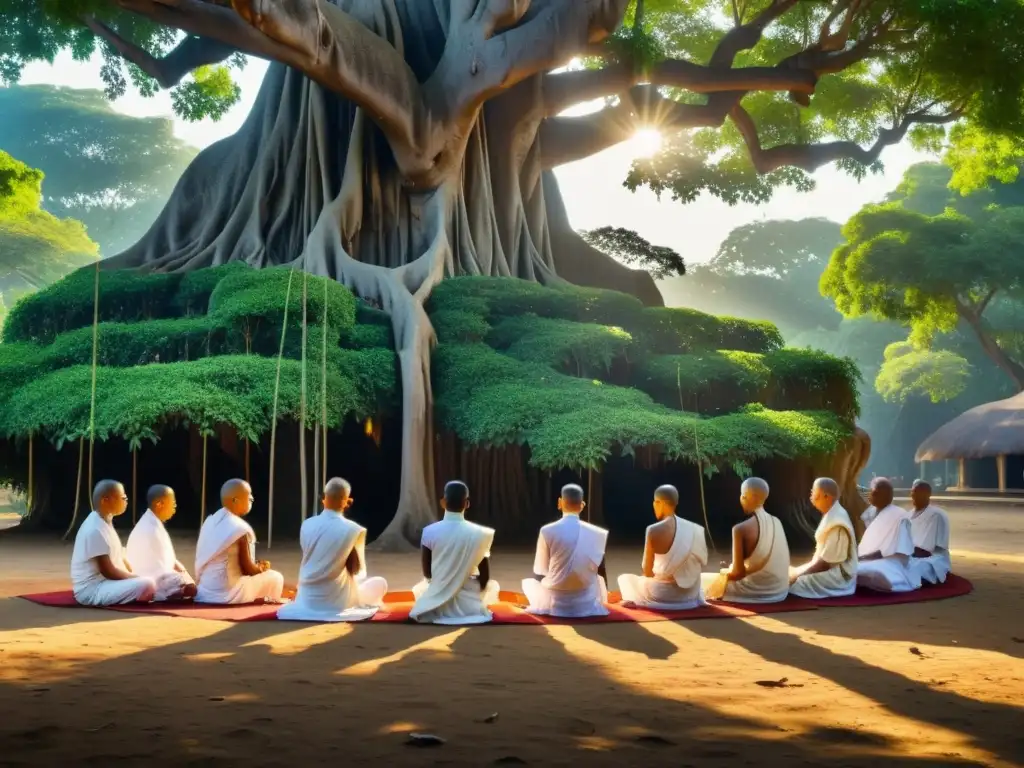 Un grupo de monjes jainistas medita bajo un antiguo árbol banyan, evocando la influencia del Jainismo en ética