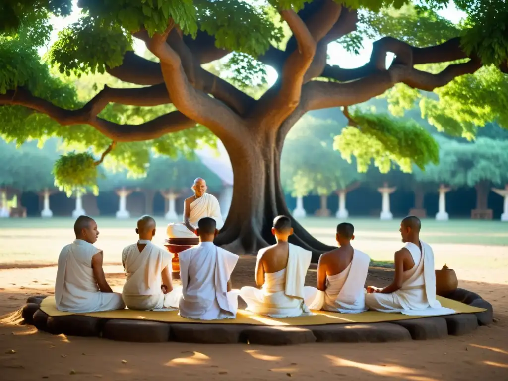 Grupo de monjes jainistas meditando bajo un árbol sagrado, con influencia del Jainismo en ética