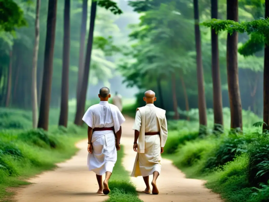 Monjes Jainistas en Bosque Sereno Un grupo de monjes jainistas camina descalzo en un bosque, evocando los principios éticos del Jainismo con calma espiritual