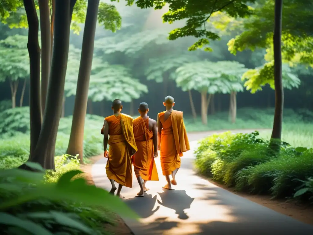 Un grupo de monjes jainistas camina descalzo por un bosque sereno, con sus túnicas naranjas creando un hermoso contraste con el verdor