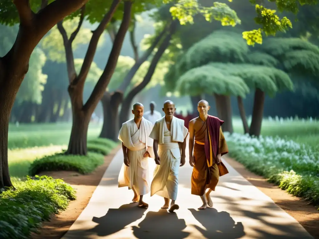 Un grupo de monjes jainistas camina descalzo en un sendero arbolado, practicando la no violencia en el Jainismo