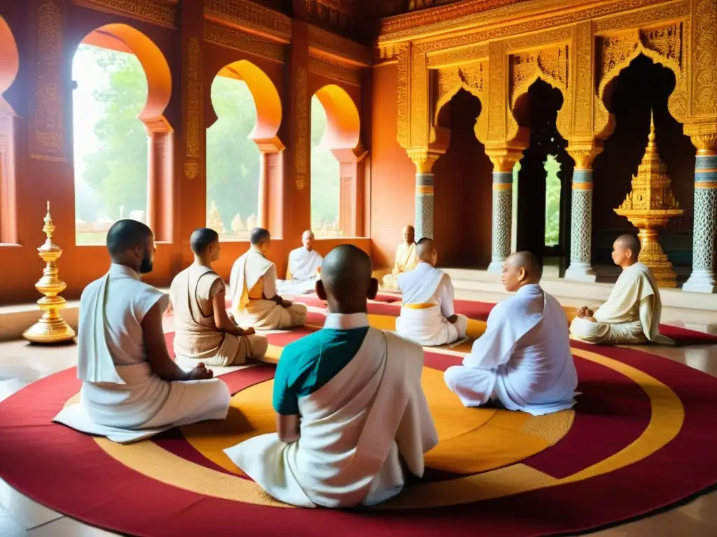 Un grupo de monjes jainistas en meditación espiritual en un hermoso templo, capturando la esencia de los Tirthankaras Jainistas liberación espiritual