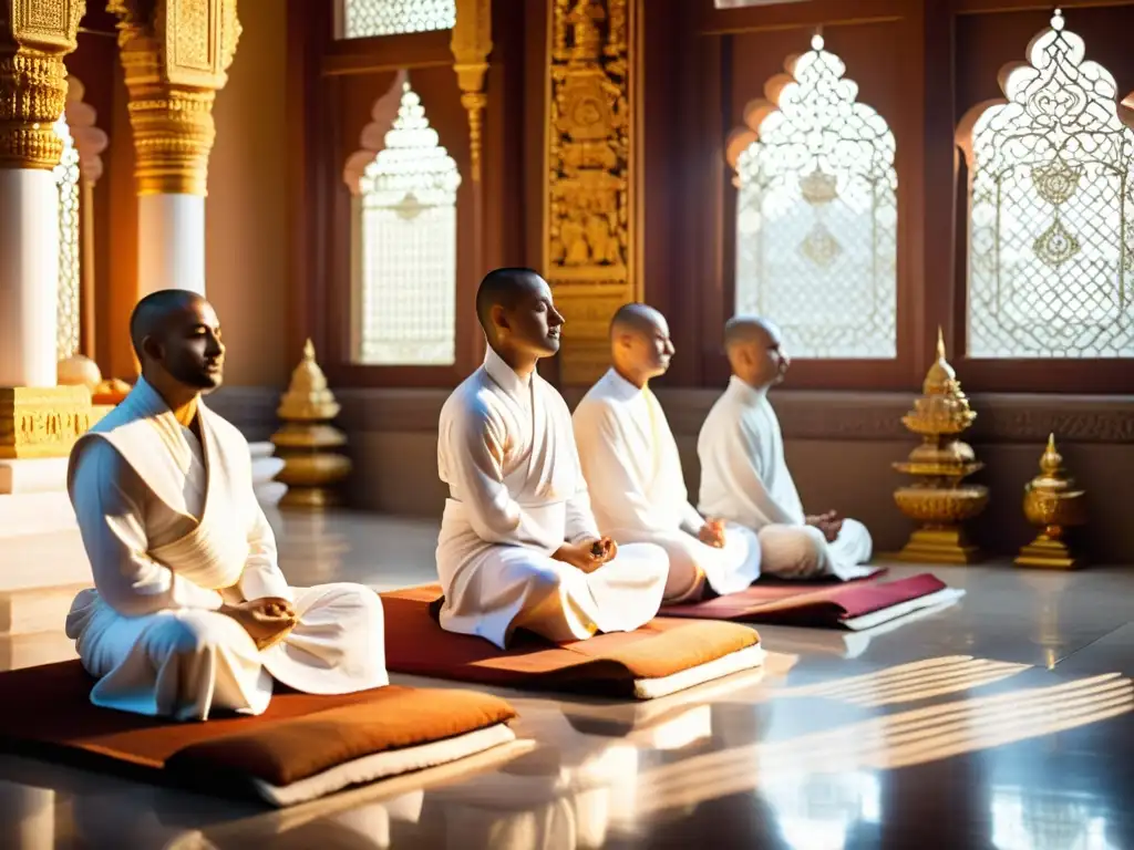 Monjes Jainistas meditando en templo ornado Un grupo de monjes jainistas medita en un hermoso templo, rodeados de ornamentos y estatuas, practicando los principios éticos del Jainismo
