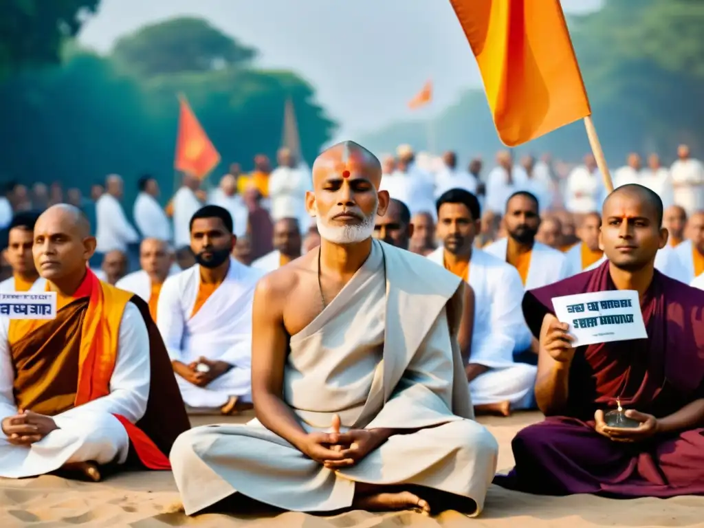 Protesta pacífica de monjes Jain en acción Un grupo de monjes jainistas en protesta pacífica, transmitiendo principios éticos del Jainismo con serenidad y compromiso