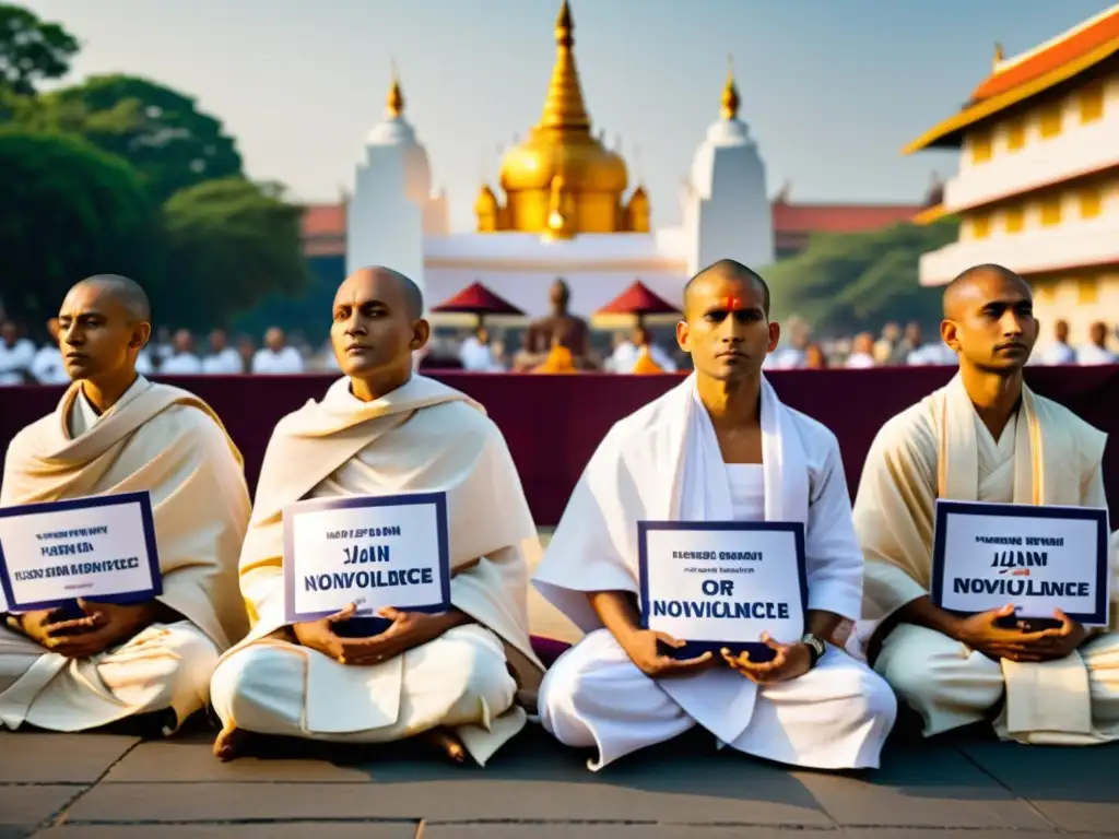 Grupo de monjes jainistas en protesta pacífica, transmitiendo la esencia de la no violencia en el Jainismo en medio de una ciudad moderna