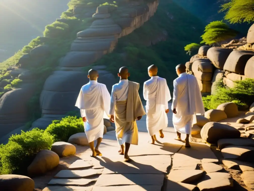 Un grupo de monjes jainistas en peregrinación, vestidos de blanco, caminando descalzos por un sendero de montaña