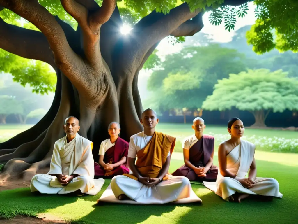 Grupo de monjes y monjas Jain en meditación bajo un árbol sagrado, rodeados de flores y naturaleza exuberante