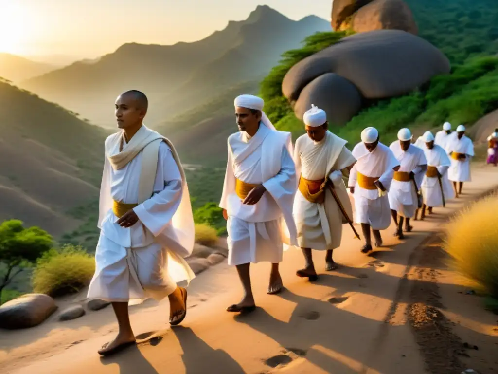 Grupo de monjes y monjas jainistas en peregrinación, practicando ascetismo en la montaña al atardecer