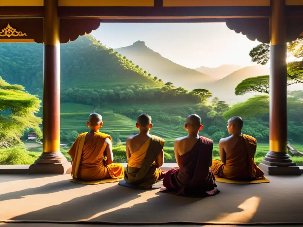 Un grupo de monjes en profunda meditación en un monasterio budista, iluminados por los cálidos rayos del sol poniente