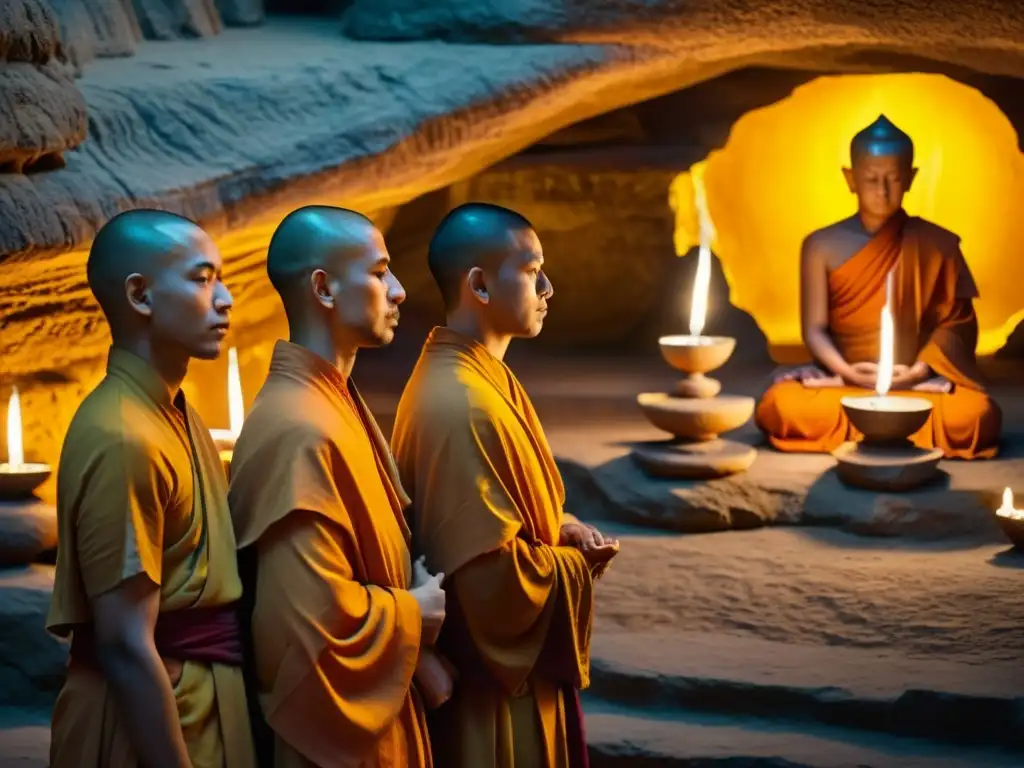 Un grupo de monjes serenos en túnicas azafrán rezando y meditando en una cueva sagrada asiática, iluminados por velas