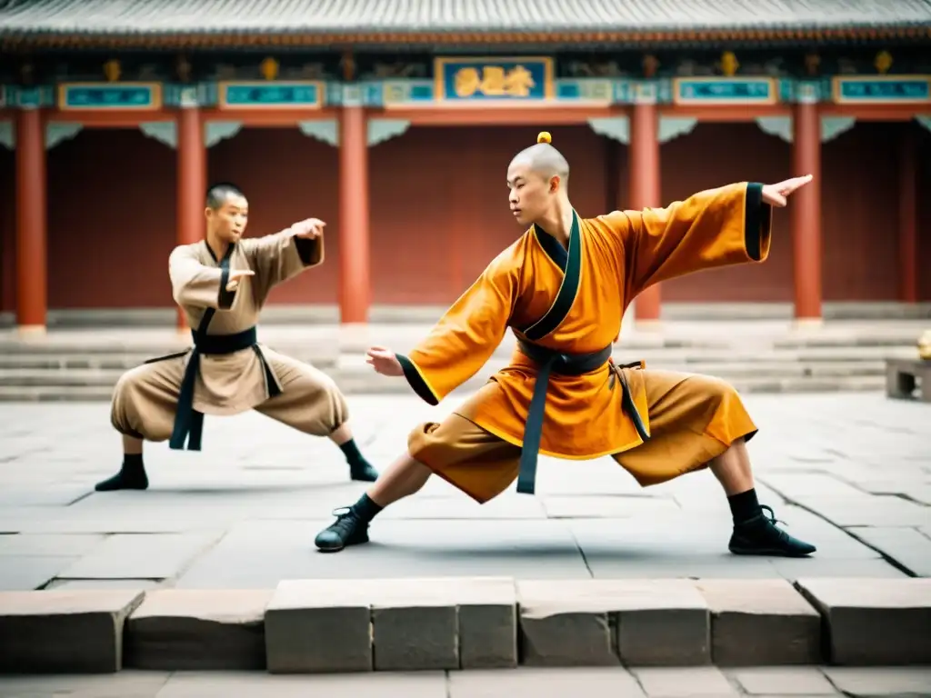 Un grupo de Monjes Shaolin practica arte marcial en el templo, envueltos en neblina