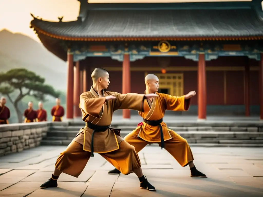 Grupo de monjes Shaolin practicando artes marciales al amanecer frente al templo, demostrando la fusión de la filosofía y técnicas de combate Shaolin