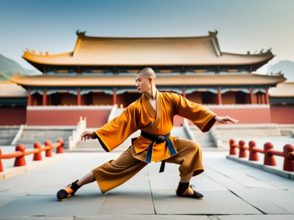 Un grupo de Monjes Shaolin realiza una demostración de Kung Fu frente a su templo antiguo, mostrando su arte marcial y tradición