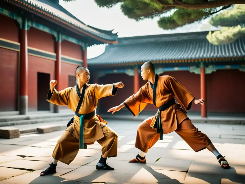 Un grupo de monjes Shaolin practica técnicas de curación en un antiguo patio, destacando su agilidad y precisión