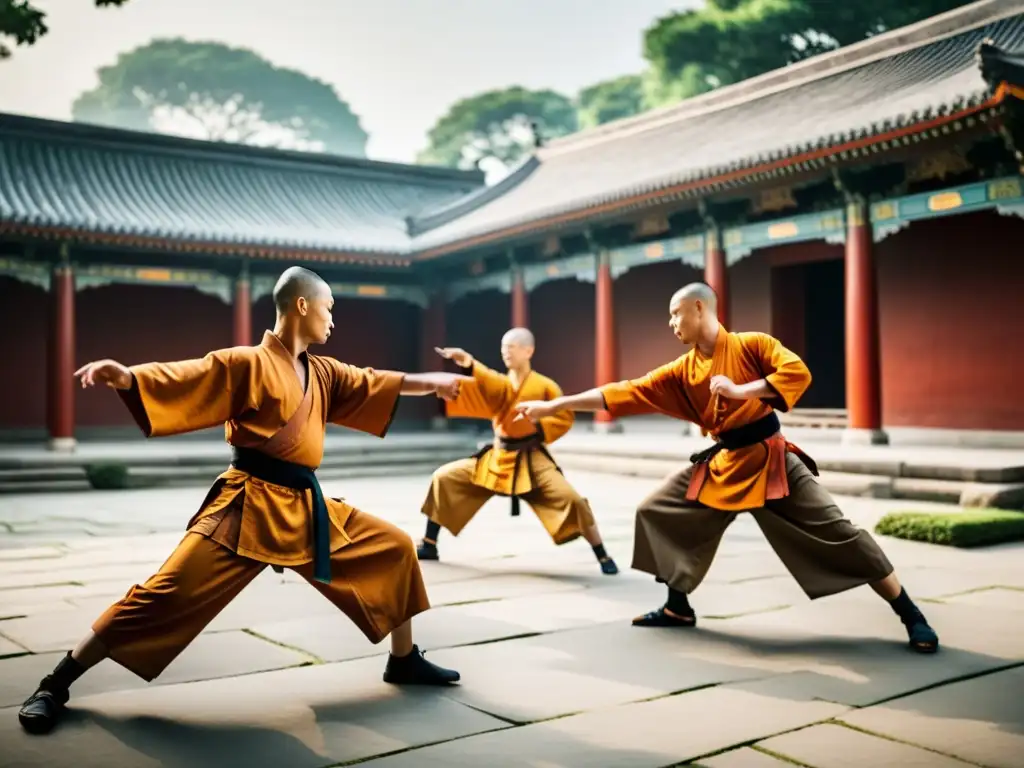 Un grupo de monjes Shaolin practica técnicas de combate en un tranquilo patio, destacando su gracia y poder