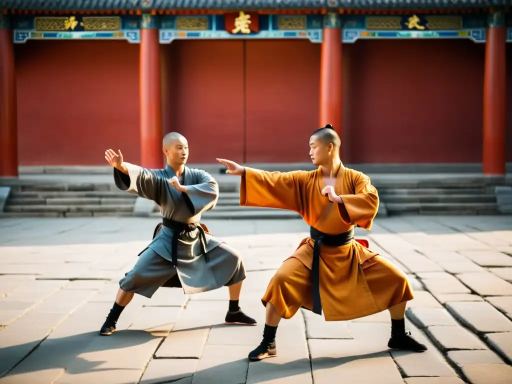 Un grupo de monjes Shaolin practicando Kung Fu en un templo, con la luz matutina realzando su arte marcial y espiritualidad