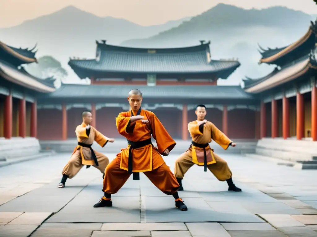 Un grupo de monjes Shaolin en túnicas naranjas practicando artes marciales en un patio sereno, envuelto en la niebla de la mañana temprano