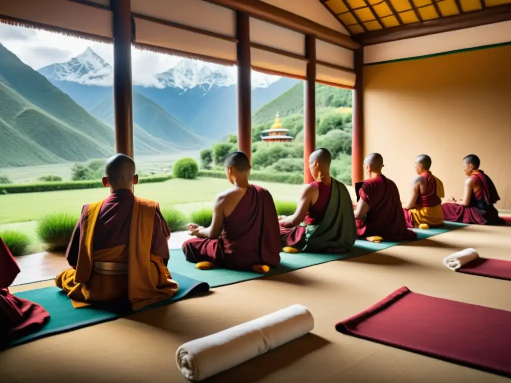 Un grupo de monjes tibetanos practica antiguas técnicas de sanación en un monasterio de montaña, rodeado de exuberante vegetación y picos nevados